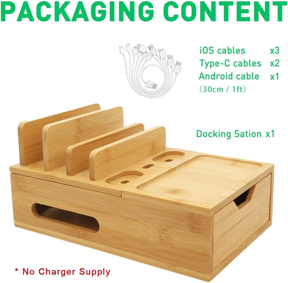 Bamboo Charging Station for Multiple Devices, Desktop Wood Charger Organizer with Drawer & Tray -Included 6 Cables, Compatible with Multi Devices, Cell Phone, Tablet, Earphones (No USB Charger)