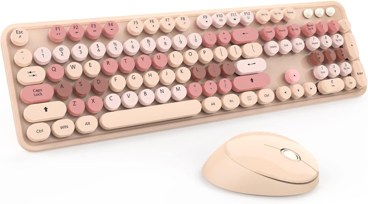 Wireless Keyboard and Mouse, KOOTOP Cute Keyboard and Mouse, 2.4G Wireless Keyboard with Retro Round Keycap for PC, Mac, Laptop,Computer Windows (Milk Tea)