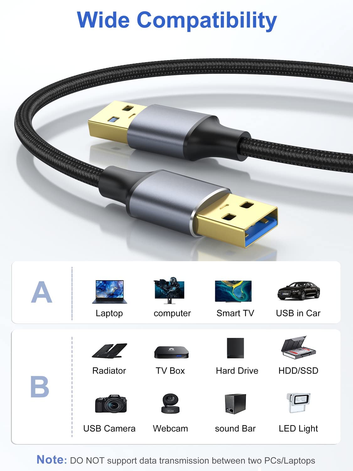 6 inch 2-Pack, 3.0 0.5FT USB Cable Short USB A to USB A Cable Male to Male Double Sided Cord Compatible with Hard