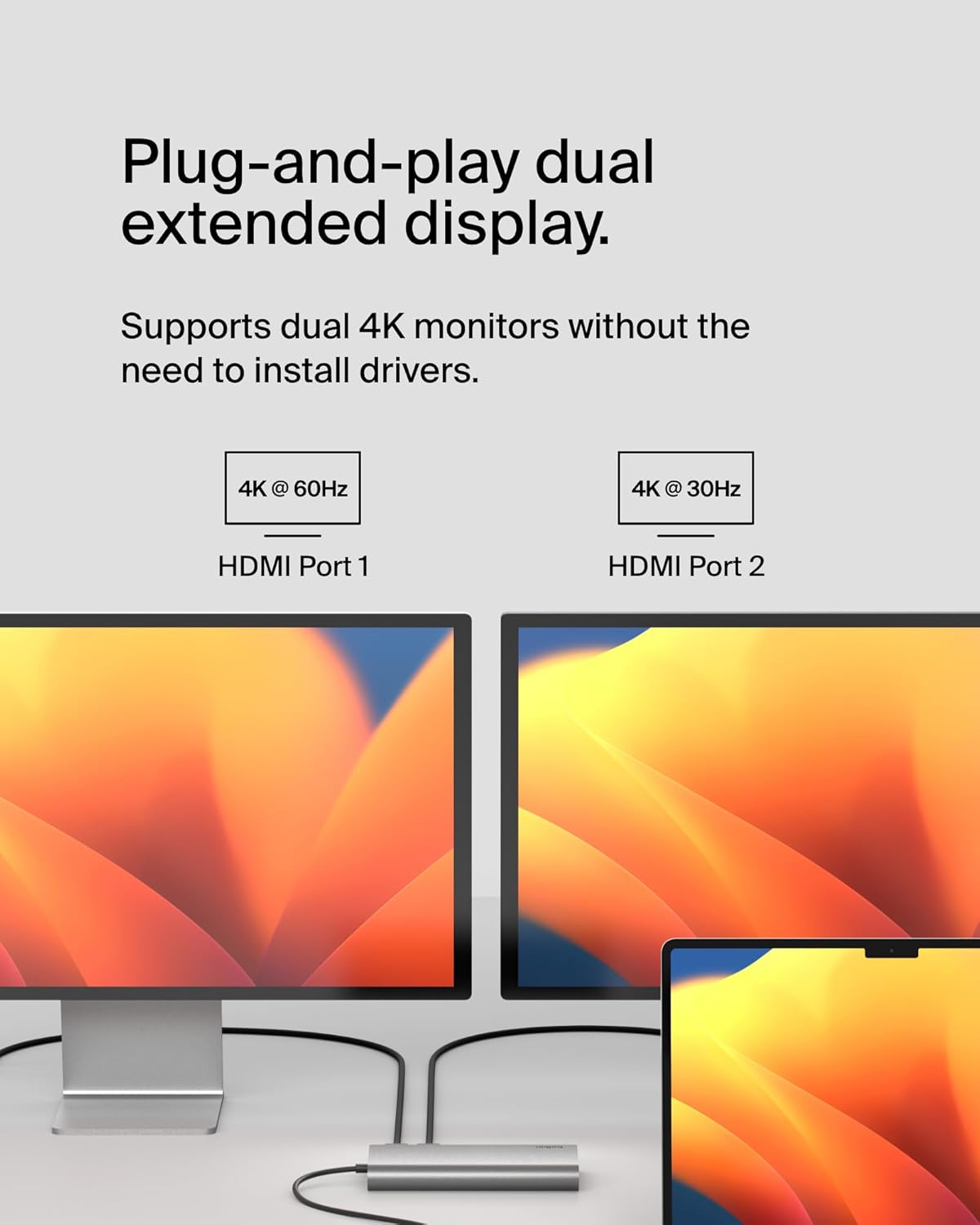 Belkin Connect Universal USB-C 8-in-1 Dual Display Core Hub w/Silicon Motion Technology - Compatible with Mac, Windows, and Chromebook - 100W PD w/ 10Gbps Transfer Speeds & 1GbE Ethernet - Silver