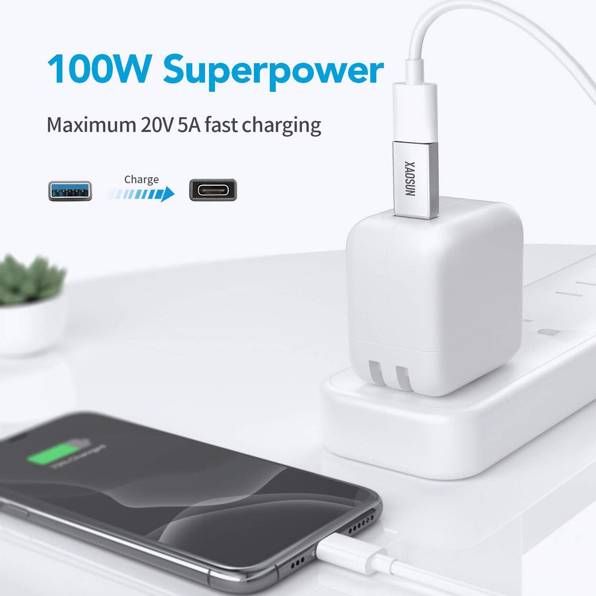 [10Gbps] USB C Female to USB Male Adapter (2-Pack), 3.1 USB A to USB C Adapter, XAOSUN One-Sided SuperSpeed Data Sync & 100W Fast Charging - Compatible with Laptop, PC, Charger, Power Bank, Quest Link