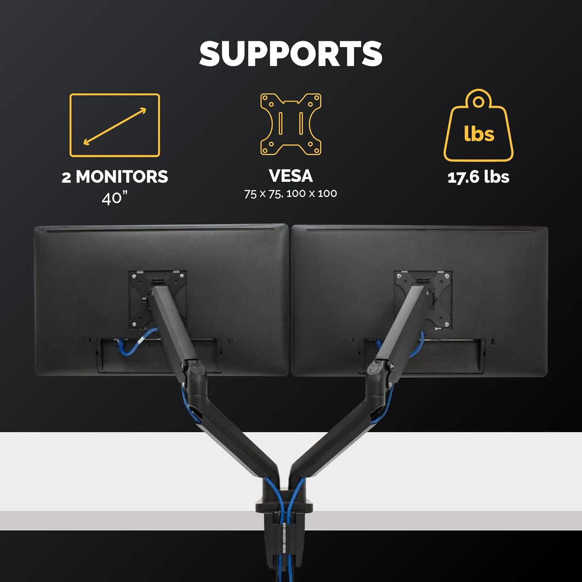 Fellowes Platinum Series Dual Monitor Arm for 40-Inch Monitors, Full Motion, 360° Rotation, VESA Mount with Grommet or Clamp, USB Ports, Ergonomic, Black, 8042501