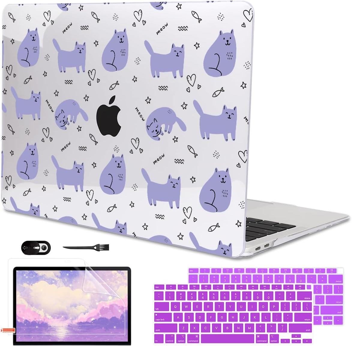 Compatible with 2021 2020 2019 2018 MacBook Air 13 inch Case M1 A2337 A2179 A1932 Touch ID, Crystal Clear Pattern Plastic Hard Shell Case for MacBook Air 13 inch M1 2021, Cute Cat & Fish