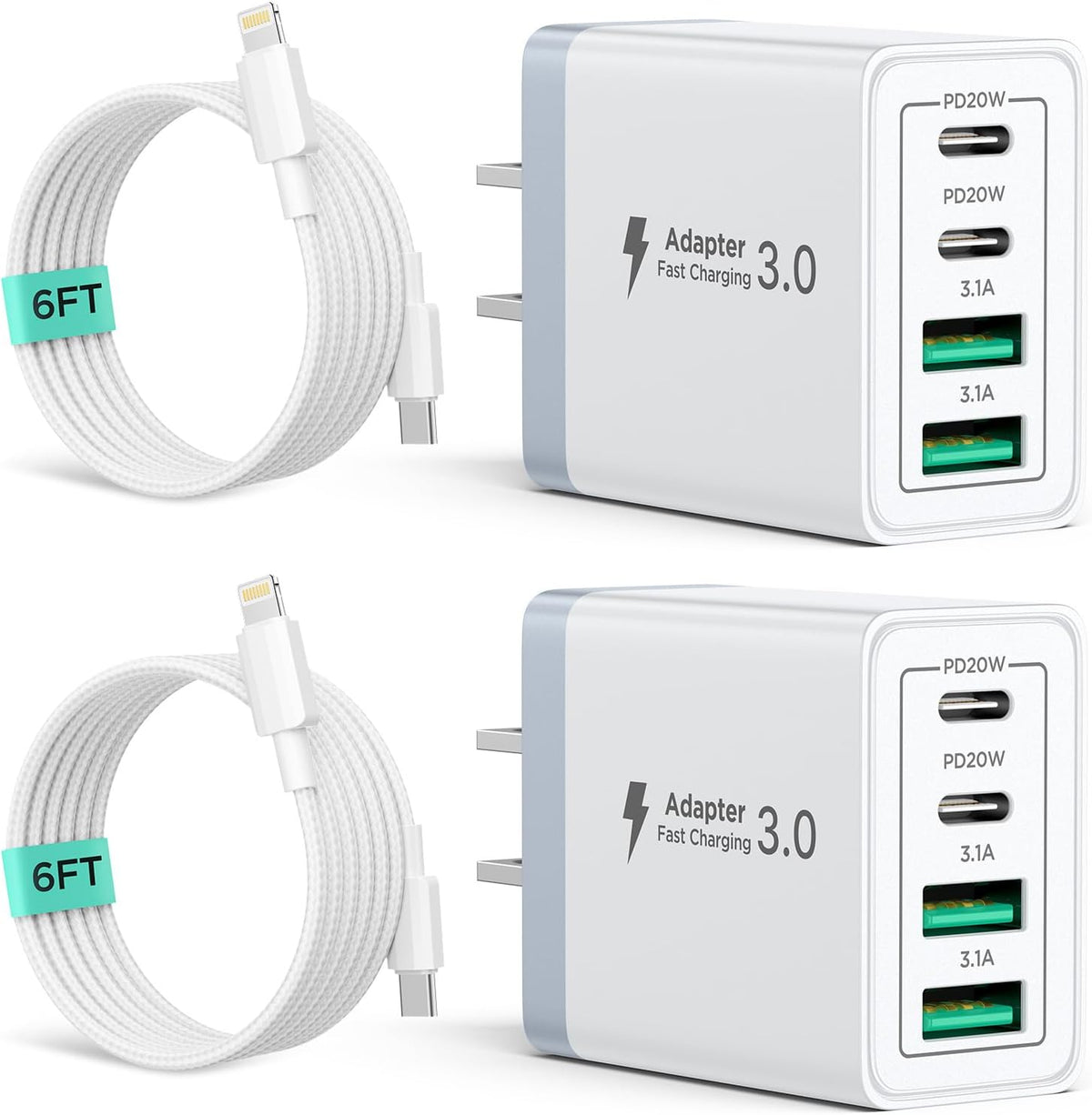 2 Pack USB C Wall Charger, 40W 4-Port USB C Fast Charger Block Dual Port QC+PD 3.0 Power Adapter, Multiport Type C Brick Charger with Lightning Cable for iPhone 14 13 12 11 Pro Max XS XR X 8 7 6 Plus