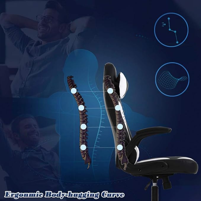 BestOffice PC Gaming Chair Ergonomic Office Chair Desk Chair with Lumbar Support Flip Up Arms Headrest PU Leather Executive High Back Computer Chair for Adults Women Men (White)