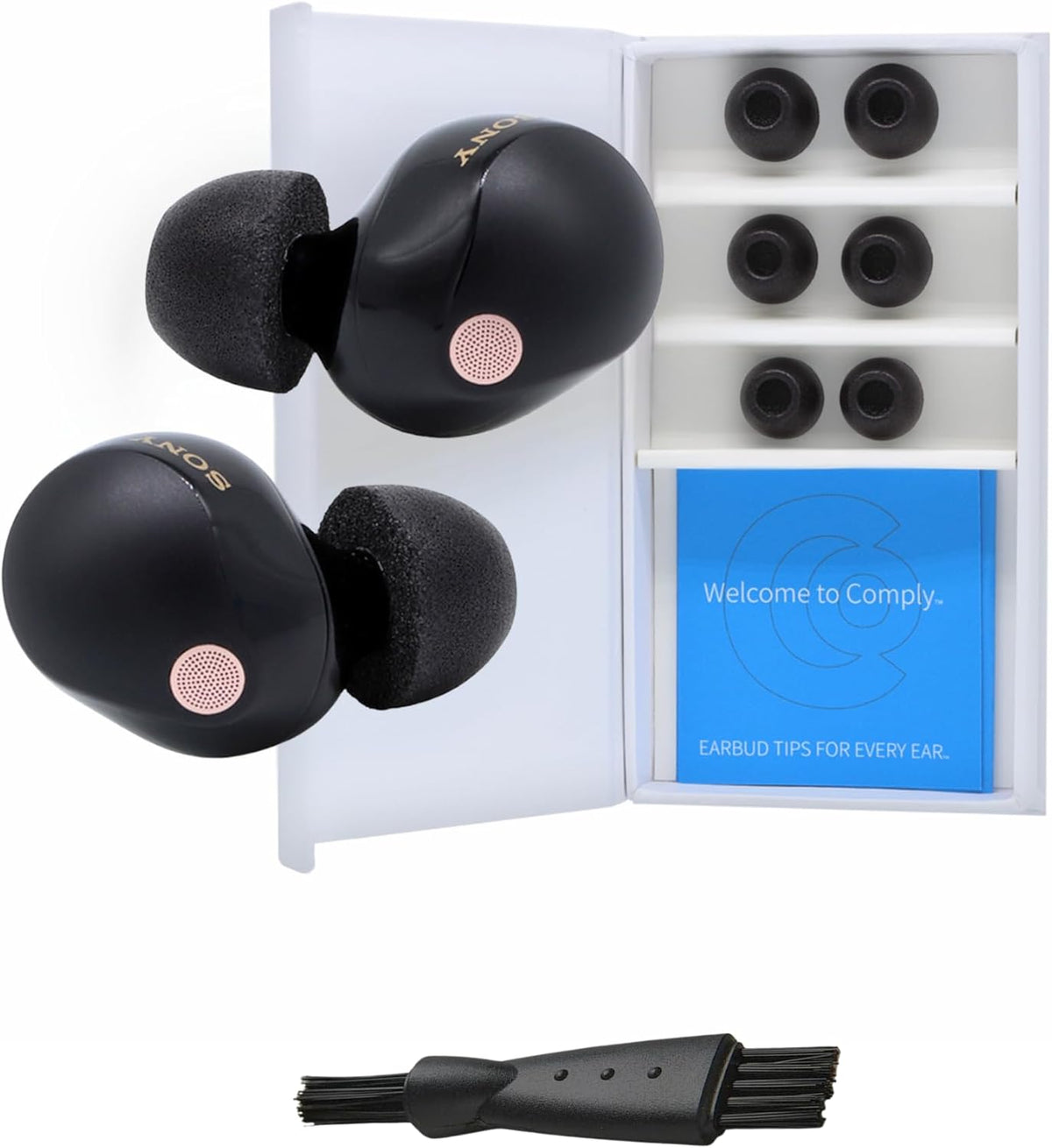 Comply TrueGrip | Premium Memory Foam Replacement Earbud Tips for Sony True Wireless Earbuds | Enhanced Comfort, Secure Fit, Superior Noise Isolation, Cleaning Tool | Black (S/M/L) (3 Pairs)