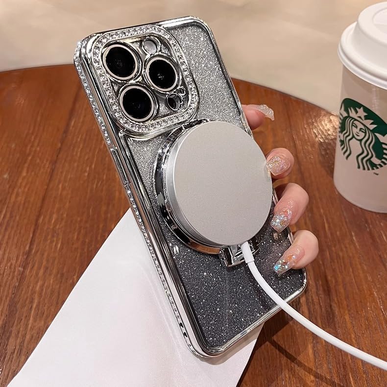 Magnetic Kickstand (Glitter Lens Protector ) Case for iPhone 15 14 13 12 Pro Max (Compatible with Magsafe ) Sparkling Diamond Cover Glitter Shiny Rhinestone Cases (Gold,for iPhone 14 Pro)