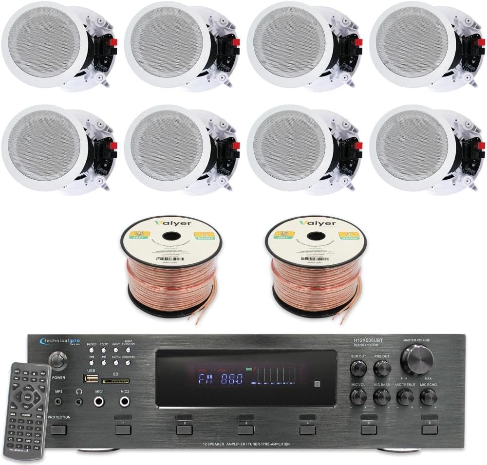 Home Theater System Kit - 6 Channel 6000 Watts Bluetooth Amplifier, 8 Qty of 8” Framed Ceiling Speakers 300 W Each, 16 AWG 500 ft Speaker Wire & Remote Ideal for Home, Office by Technical Pro
