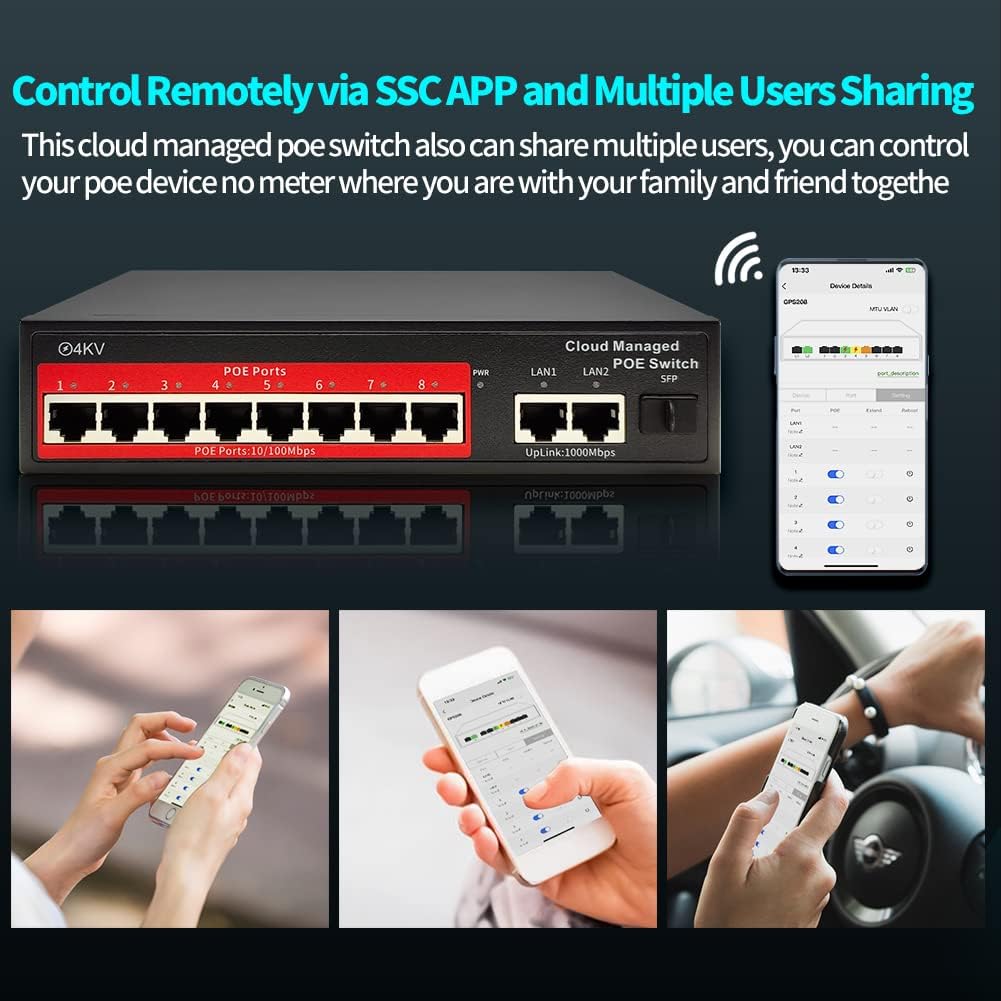 STEAMEMO 8-Port Managed PoE Switch, Easy Smart Managed, Plug and Play, Support Vlan, PoE Scheduler, Fanless, Sturdy Metal, Desktop and Wall-Mount