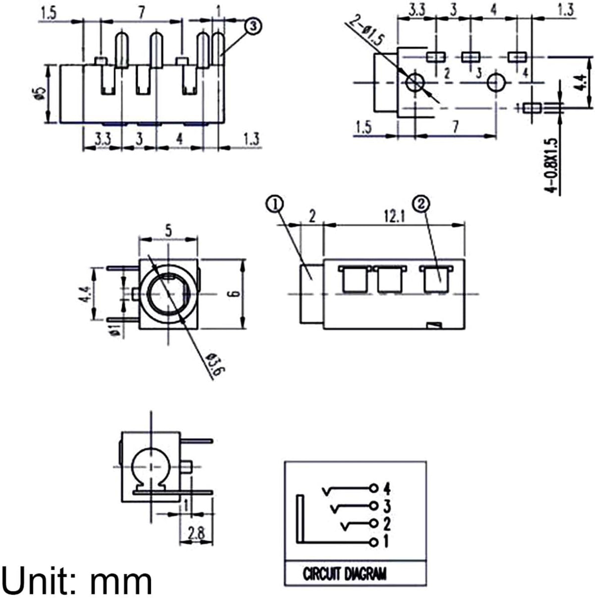 12Pcs 1/8" 3.5mm 4 PJ-320A MP3/MP4 uxcell Stereo Jack Socket, Pin PCB Mount Female Socket Headphone Audio Connector