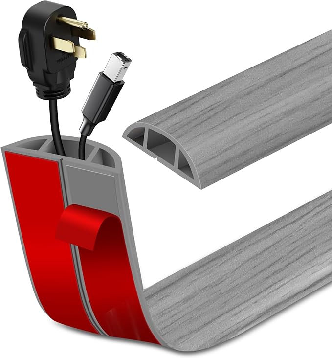 Floor Cord Cover Self Adhesive Cord Hider Floor Extension Cord Covers for Floor Power Cord Protector Cable Management Prevent Cable Trips Cable Cavity 0.51" W x 0.31" H (Light Grey Wood, 3.3Ft)