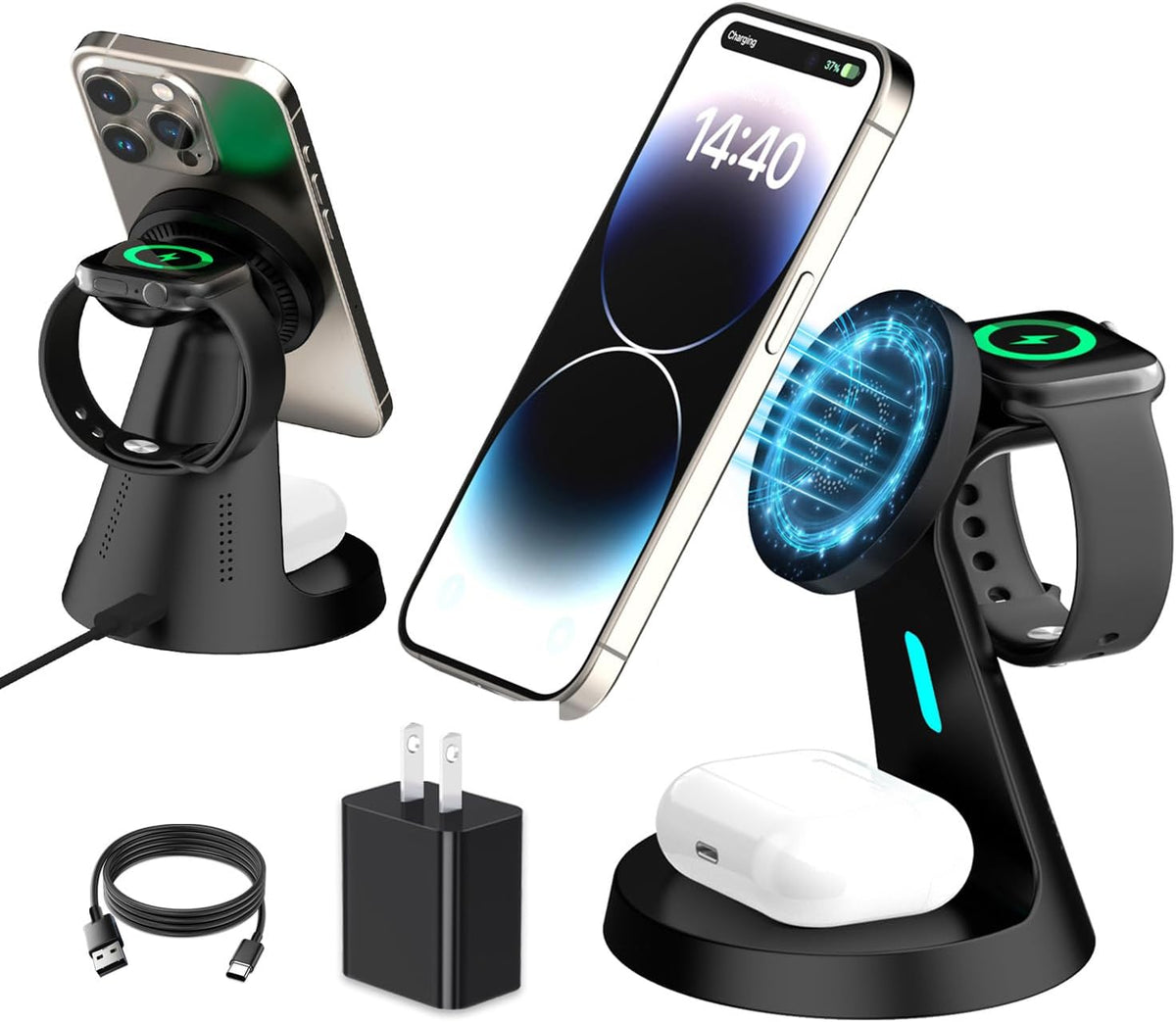 Wireless Charger Compatible with Mag-Safe,3 in 1 Charging Station for iPhone16/15/14/13/12 Series, Apple Watch,AirPods,15W Fast Charging (USB-C Adapter Included)