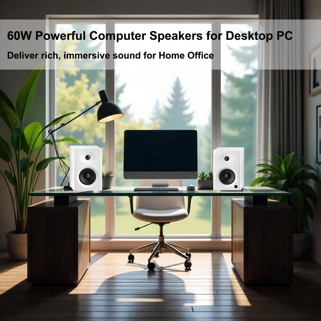 Bookshelf Speakers with Deep Bass, 80W Peak Output Small HiFi Gaming Computer Speakers, 4" Desktop Audio System for Small Home Office Desktop PC, Pair, White