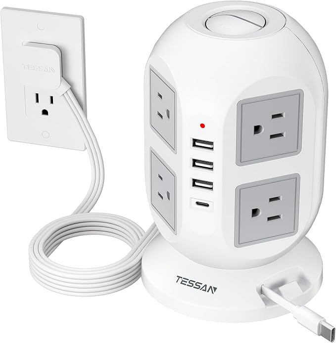 TESSAN Tower Surge Protector Power Strip 10 ft, Long Flat Extension Cord