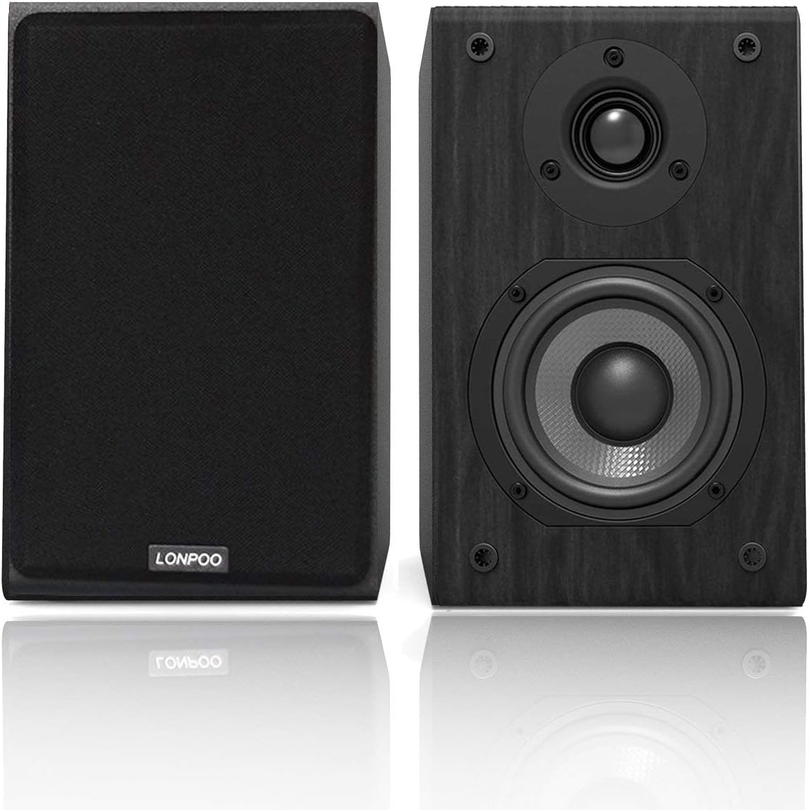 LONPOO Passive Bookshelf Speakers, 75W x 2 Classic Wooden Near Field Monitors with 4-Inch Carbon Fiber Woofer &1-Inch Silk Domed Tweeter 2-Way Loudspeakers,Amplifier Required (Not Inlcuded)