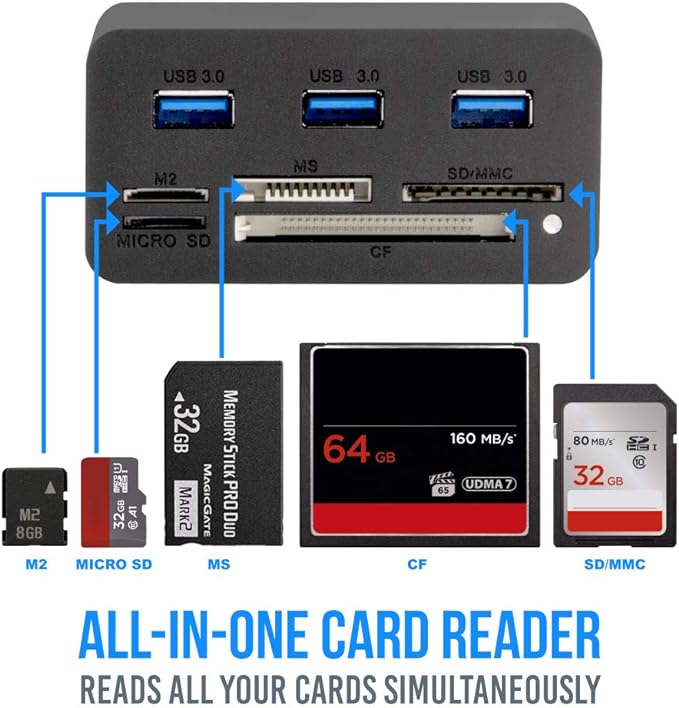 Kingwin USB HUB Adapter w/ Memory Card Reader Writer &amp USB 3.0 HUB Combo - Supports High Speed SD MS Micro M2 CF Card Reader For Macbook Laptop Desktop - Includes USB Cable 5 Gbps Speed Black