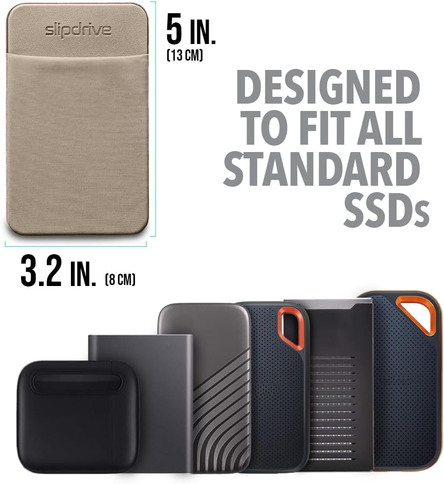 Slipdrive - Portable Hard Drive Sleeve for Laptop - SSD Solid State Drive - Reusable Adhesive - 5” x 3.2” Stick on External Hard Drive Carrying Case - Travel Pocket Pouch (Small, Sand Stone)
