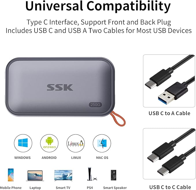 SSK External SSD 250GB USB C SSD External Solid State Drives up to 1050MB/s Portable SSD USB 3.2 Gen2 for iPhone 15/Pro Windows Mac Android Phones and Tablets