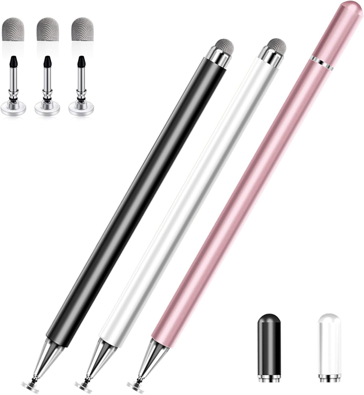Stylus Pens for Touch Screens, 2 in 1 High Precision Universal Stylus Pen for iPad Compatible with Apple, iPhone, iPad, Android, Samsung Tablets, Phones, 3 Pack-Black,Gold,White