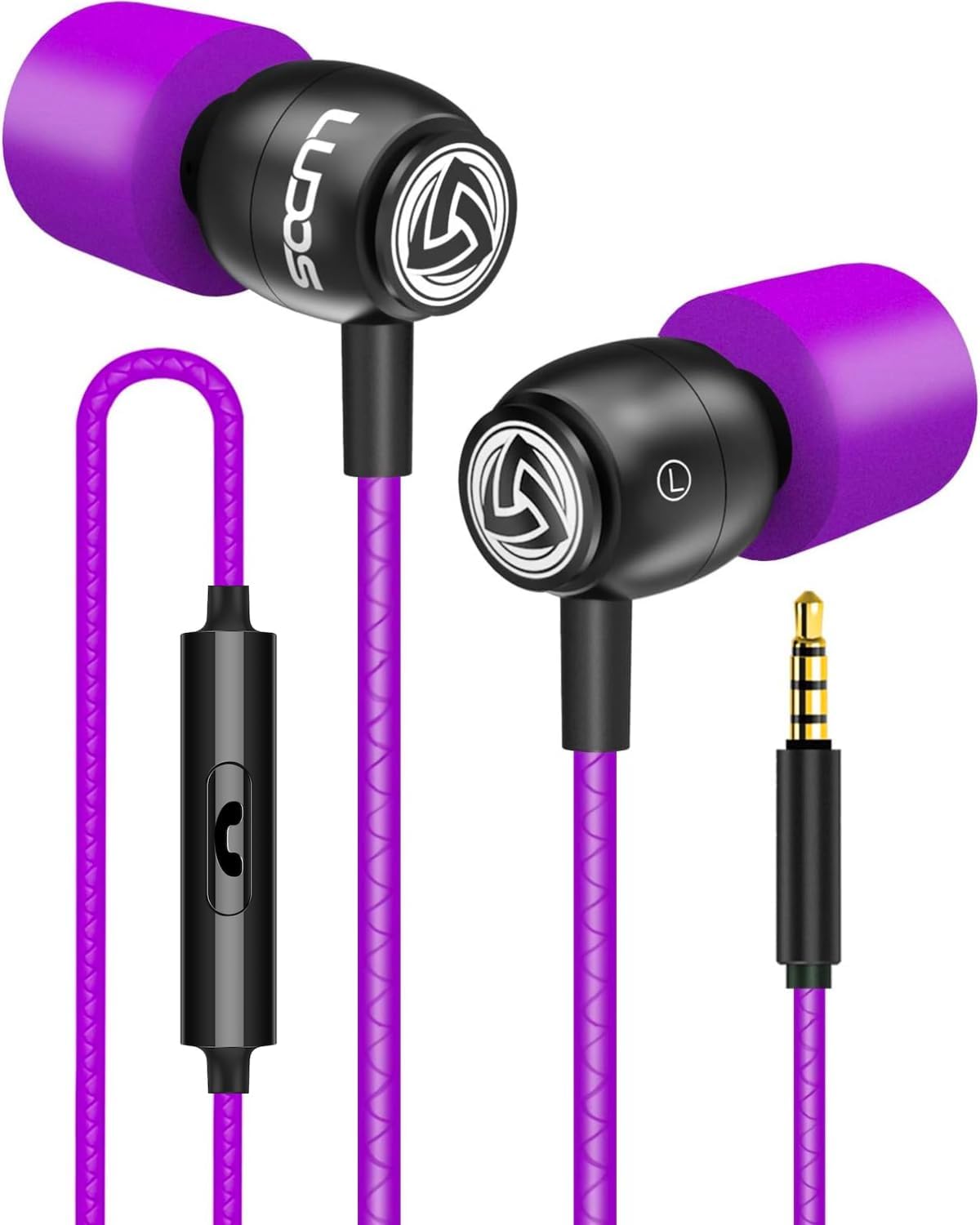 LUDOS Clamor Wired Earbuds in-Ear Headphones, 5 Years Warranty, Earphones with Microphone, Noise Isolating Ear Buds, Memory Foam for iPhone, Samsung, School Students, Kids, Women, Small Ears - Purple