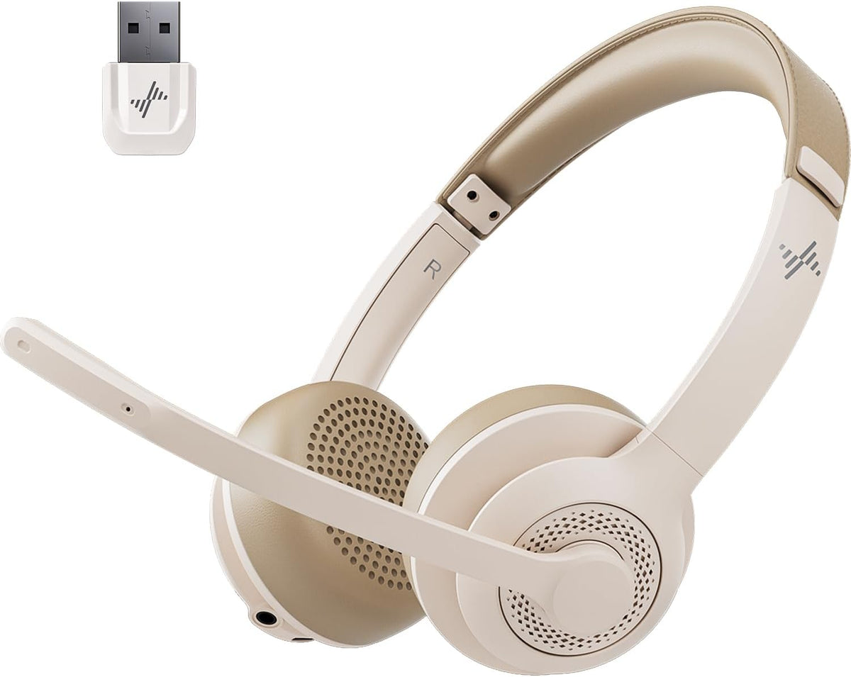Wireless Headset with AI Noise Cancelling Microphone Bluetooth Headset - Bluetooth V5.2 Headphones with USB Dongle & Mic Mute for Computer/Laptop/PC/iPhone/Android/Cell Phones (White)