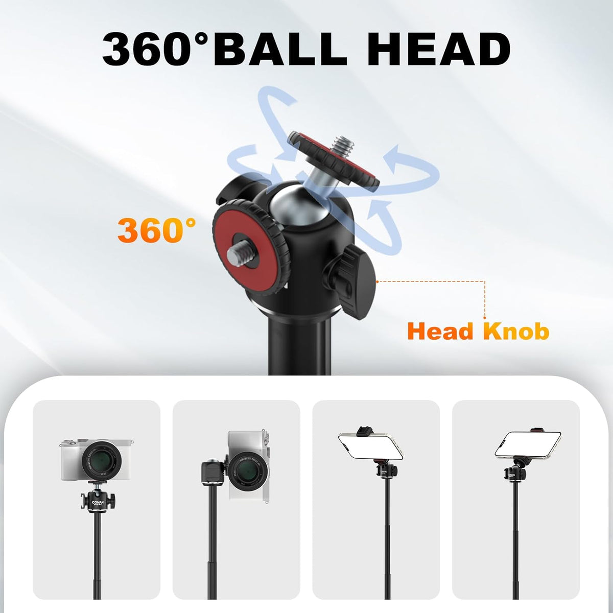 COMAN MT30-Pro Extendable Phone Tripod, 61cm Cell Phone Tripod Stand for iPhone with 360° Ball Head, Selfie Stick Vlog Stand with Remote, Tripod for iPhone 16/15/14/13/12 Pro Max/Android, Black