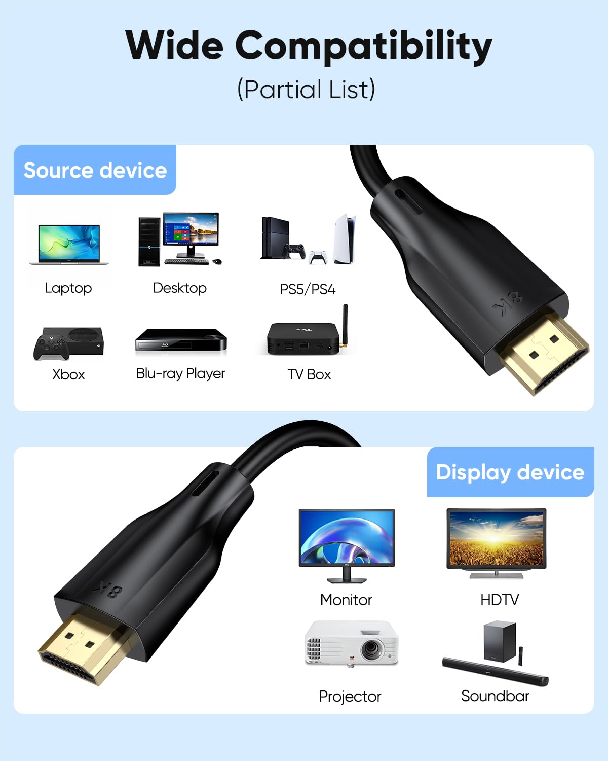 8K 2.1 6FT, 3D, HDR10+, HDR10+, Dolby PS5, PS4, HDMI Cables High Speed HDMI Gaming Monitor Cord Support eARC, Vision