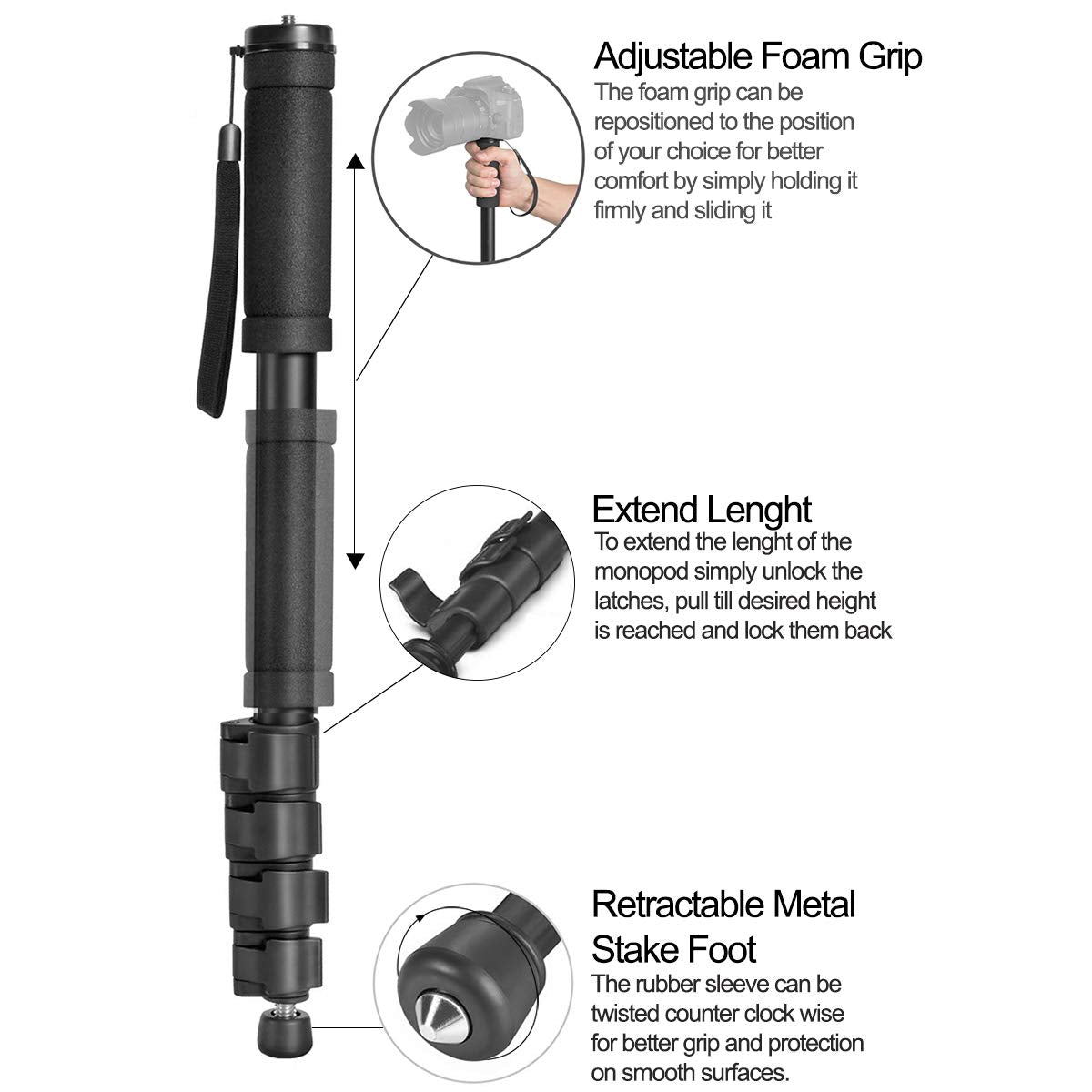 Acuvar Monopod with Integrated Safety Strap and 4 Section Extending Pole for All Digital Cameras, DSLR, Mirrorless, Compact Cameras, Camcorders & Cell
