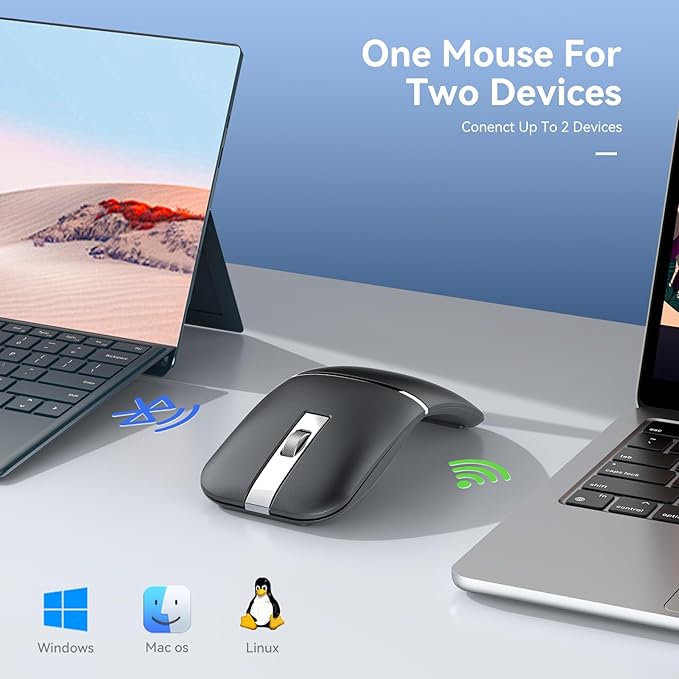 Wireless Mouse Bendable –Rotating Design Dual Mode (BT+ 2.4GHz) arc Rechargeable Travel Wireless Mouse for Microsoft Laptop PC Tablet Graphite Black