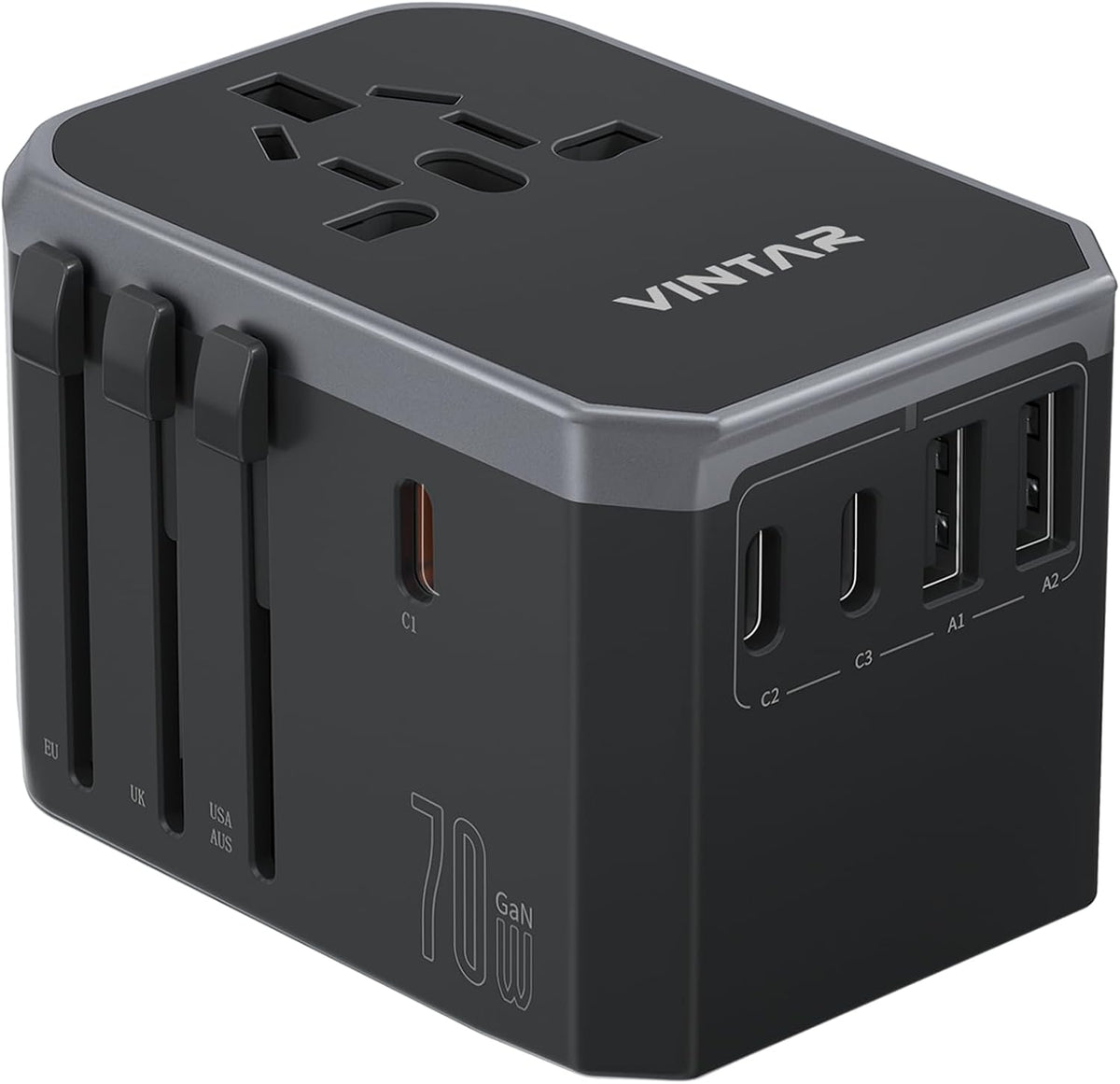 Universal Travel Adapter, VINTAR 70W GaN International Power Adapter with 5 USB Ports (3 USB-C), All-in-one Travel Essentials Plug Adaptor, Travel Adapter Worldwide for UK/EU/USA/AUS, Black