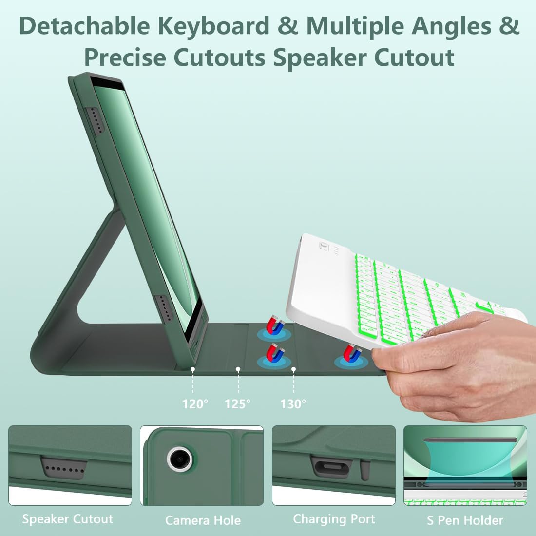 Keyboard Case for Samsung Galaxy Tab A9 Plus 5G 11 inch 2023 (SM-X210/X216/X218), 7 Color Backlit Detachable Keyboard Bluetooth, Smart Folio Cover with S Pen Holder for Galaxy Tab A9+ 11"(Dark Green)