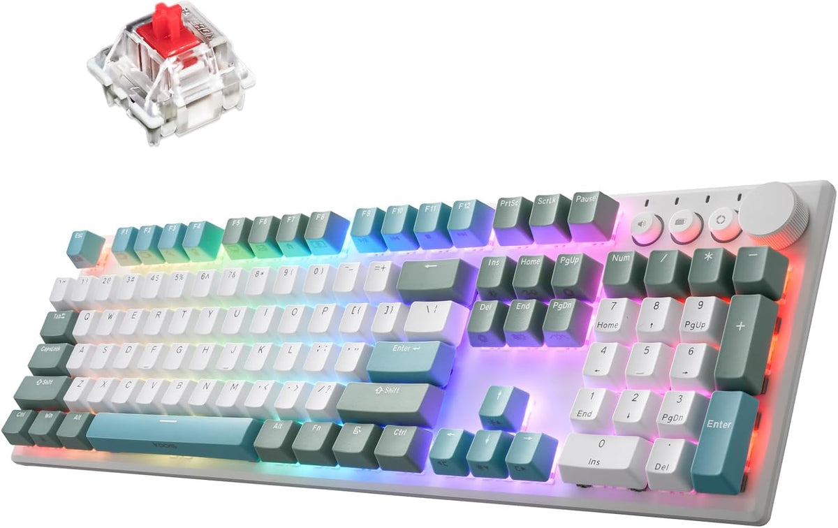 iRocks K74R Wireless RGB Illuminated Mechanical Gaming Keyboard, Hot-Swappable Switches, Easy-Clean Floating Design, PBT 107 Keys NKRO, Detachable USB-C Cable - Island Blue (Red Switches)