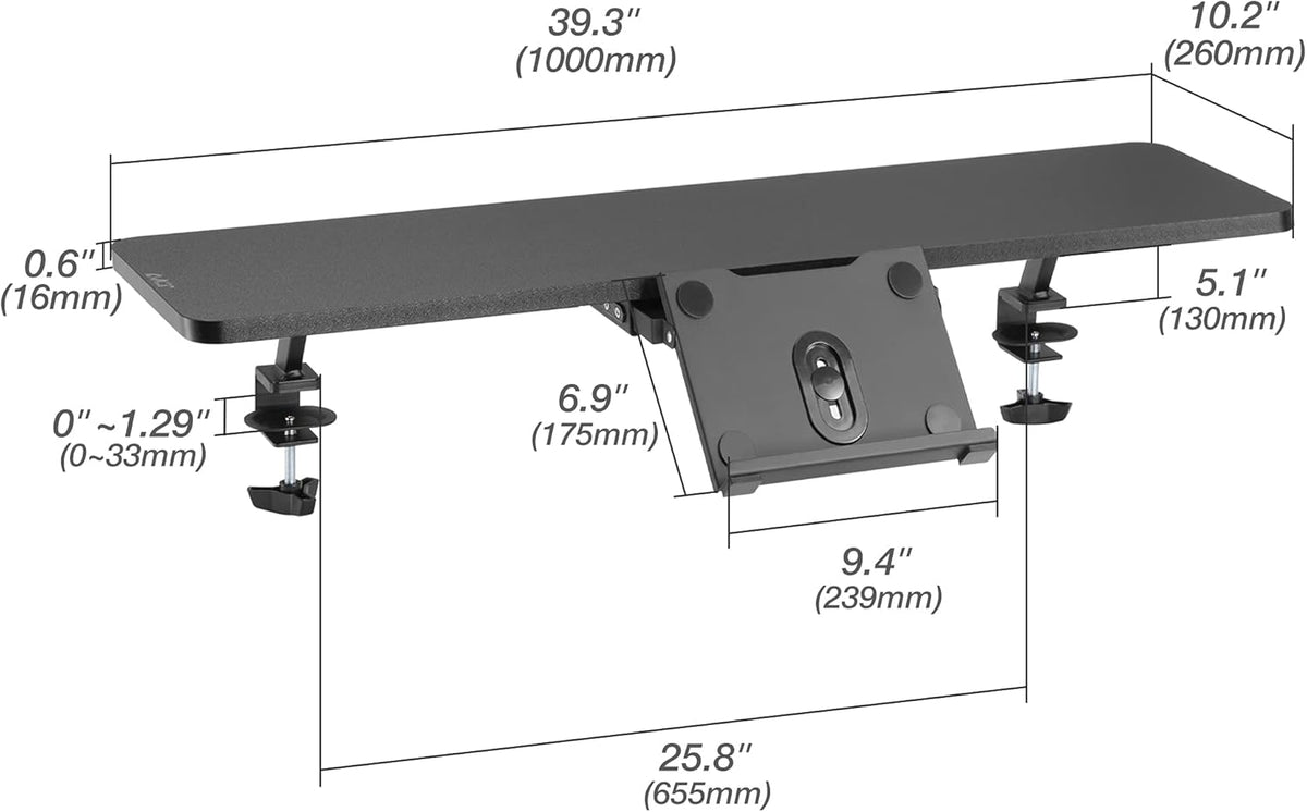 AVLT Clamp Desk Shelf Dual 32" Monitor Riser With Slide-out Holder for Convertible Laptop, Tablet, Smartphone (Black) - Floating Stand (Clamp-On Shelf Only)