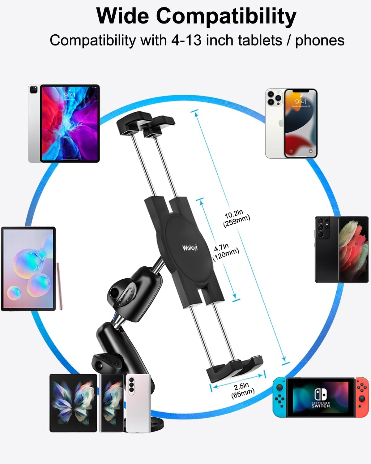 woleyi Aluminum Drill Base Tablet Holder for Car Dashboard - [360° Adjustable 2-Stage Arm] Heavy Duty Tablet Mount for Truck Car Mount Wall Desk, for iPad Pro/Air/Mini/Galaxy Tab/Z Fold, 4-13" Devices