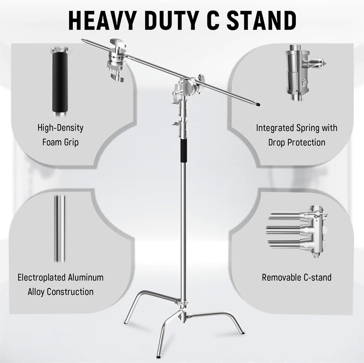C Stand with Boom Arm Professional Heavy Duty Light Stand with 10.8ft Vertical Pole, C-Stand with 4.2ft Boom Arm, Adjustable Base for Studio Equipment