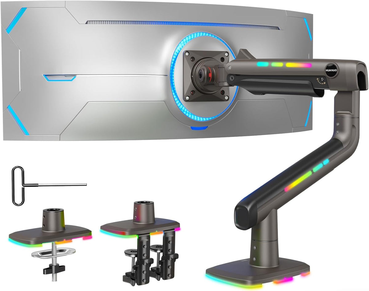 HUANUO RGB Monitor Arm for Ultrawide Screens up to 57″, Heavy-Duty Single Mount Holds 44 lbs, Fully Adjustable Gaming Monitor Arm with C-Clamp & Grommet Base, Max VESA 100 x 100mm