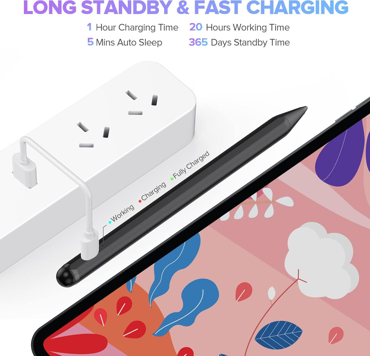 Stylus Pen 2X Fast Charge Active Pencil Compatible with 2018-2025 Apple iPad Pro 11"/12.9"/M4, iPad Air 3/4/5/M2/M3, iPad 6-11, iPad mini 5/6 Gen-Black