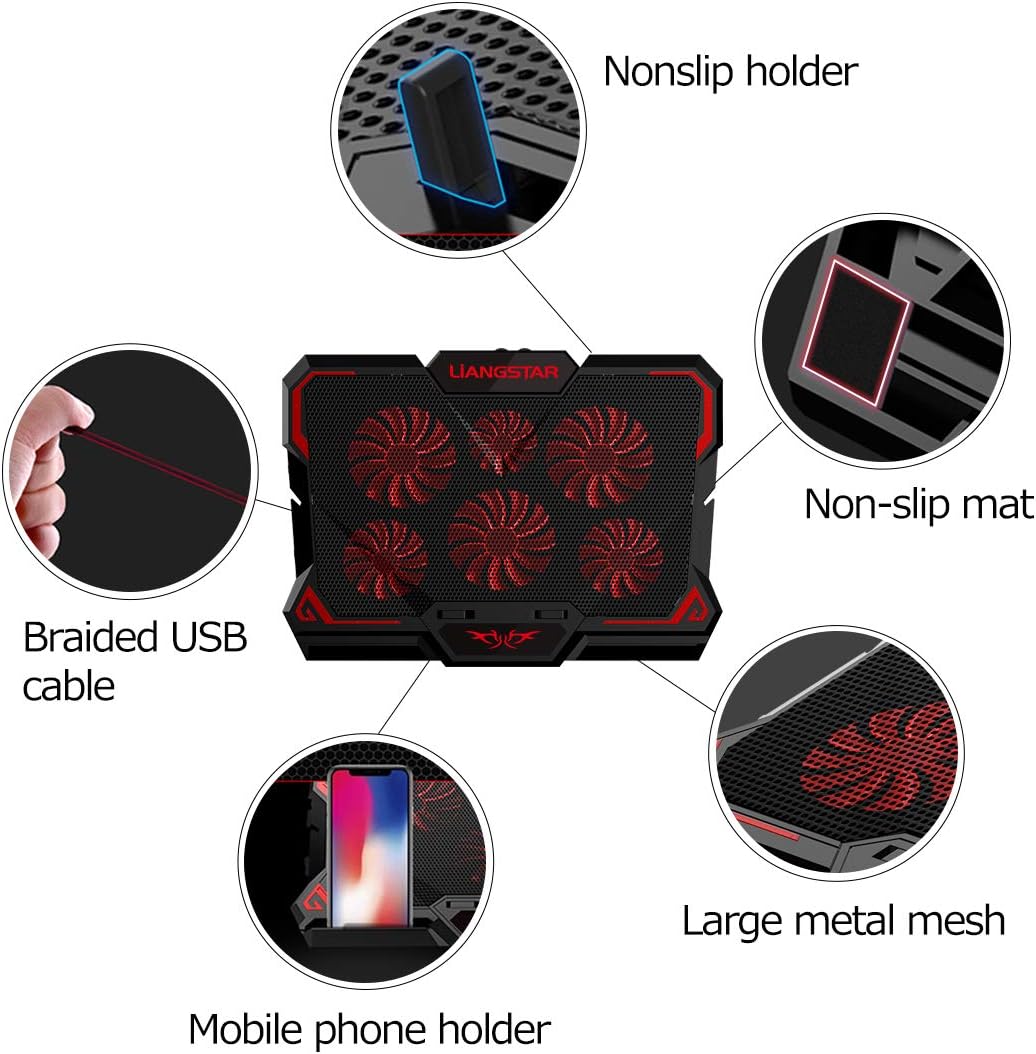 Laptop Cooling Pad, Laptop Cooler with 6 Quiet Led Fans for 15.6-17 Inch Laptop Cooling Fan Stand, Portable Ultra Slim USB Powered Gaming Laptop Cooling Pad, Switch Control Fan Speed Function (Red)