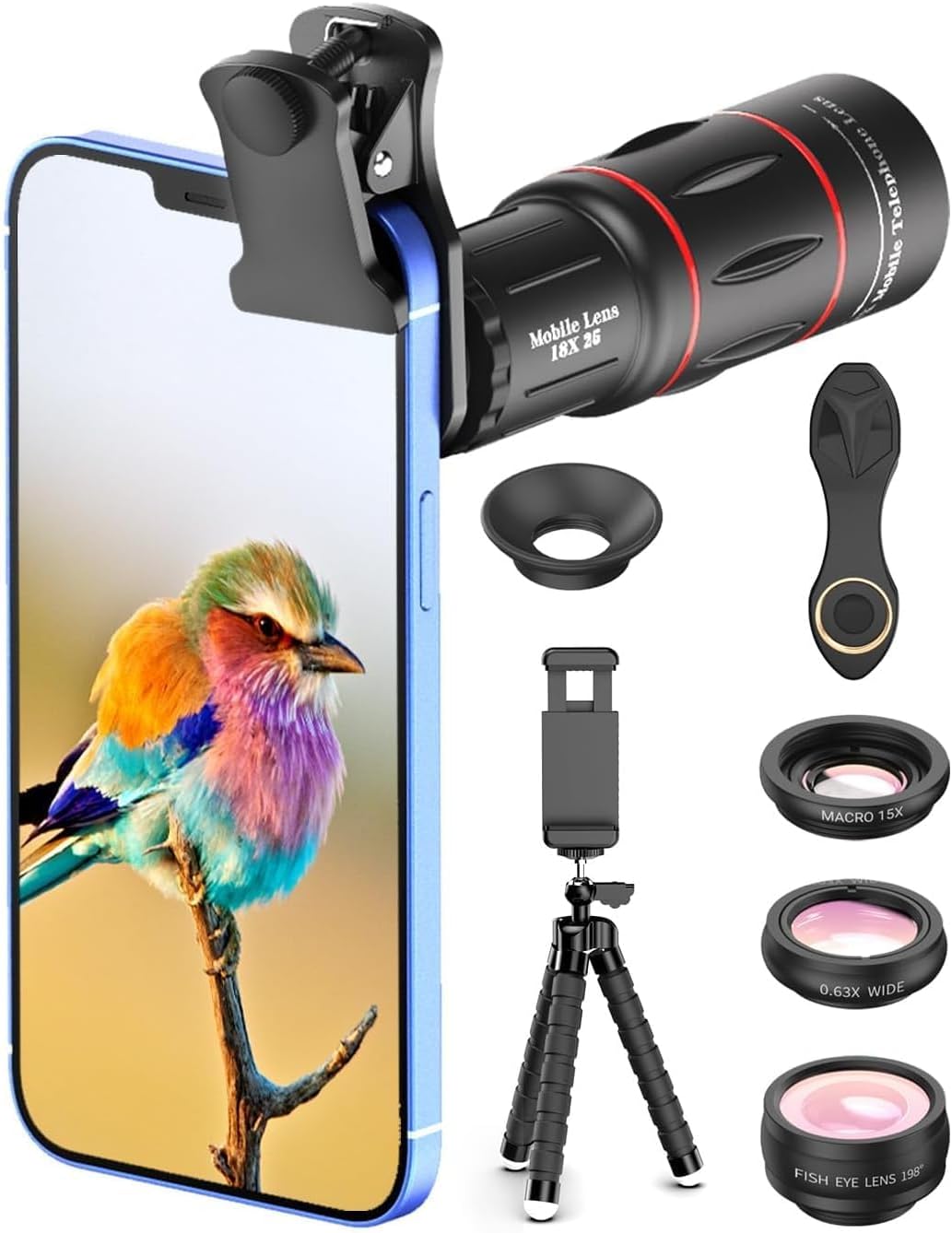 APEXEL 4 in 1 Phone Photography Kit, 18X Telephoto Lens, 198° Fisheye Lens, 15X Macro Lens, 0.63X Wide Angle Lens, Set with Flexible Phone Tripod, for iPhone 13/12/11/XS Max/XR/XS/X Samsung One Plus