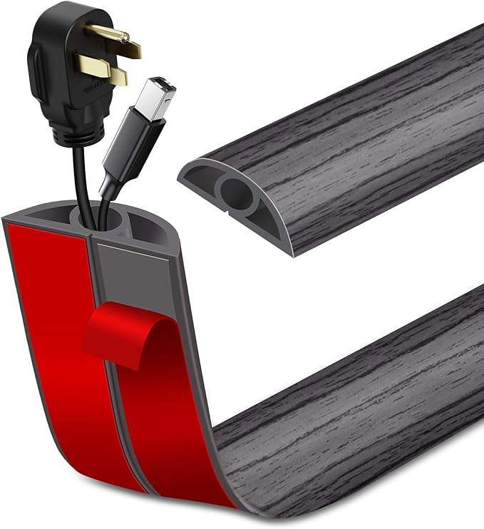 Floor Cord Cover Self Adhesive Cord Hider Floor Extension Cord Covers for Floor Power Cord Protector Cable Management Prevent Cable Trips Cable Cavity 0.32" W x 0.32" H (Deep Grey Wood, 20Ft)