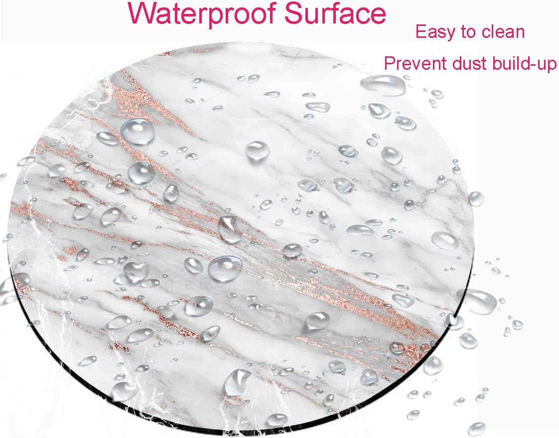 Premium Textured Round Mouse Pad - White Rose Gold Marble, Washable with Lycra Cloth, Non-Slip Rubber Base for Wireless Mouse