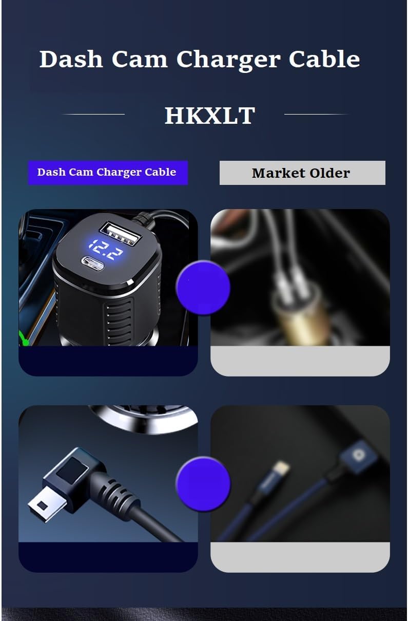 HKXLT 20W QC3.0 11.5ft 66W 3-Port 12V 24V (J98) Dash Cam Charger Cable PD & Built-in Super Fast Car Charg Mini USB