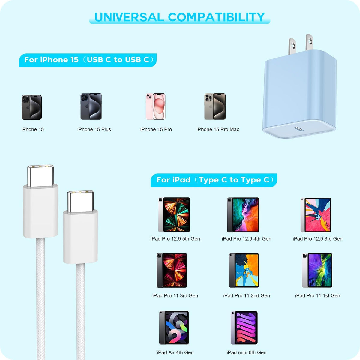 [3Pack] 20W USB C Fast Charger iPhone 16 Fast Charging, Apple 15 Charger Block 6ft C to C Long Charging Cable Cord for iPhone 16/16e/16 Pro/16 Pro Max/iPhone 15 Series/iPad Air/Mini(Pink+Blue+Purple)