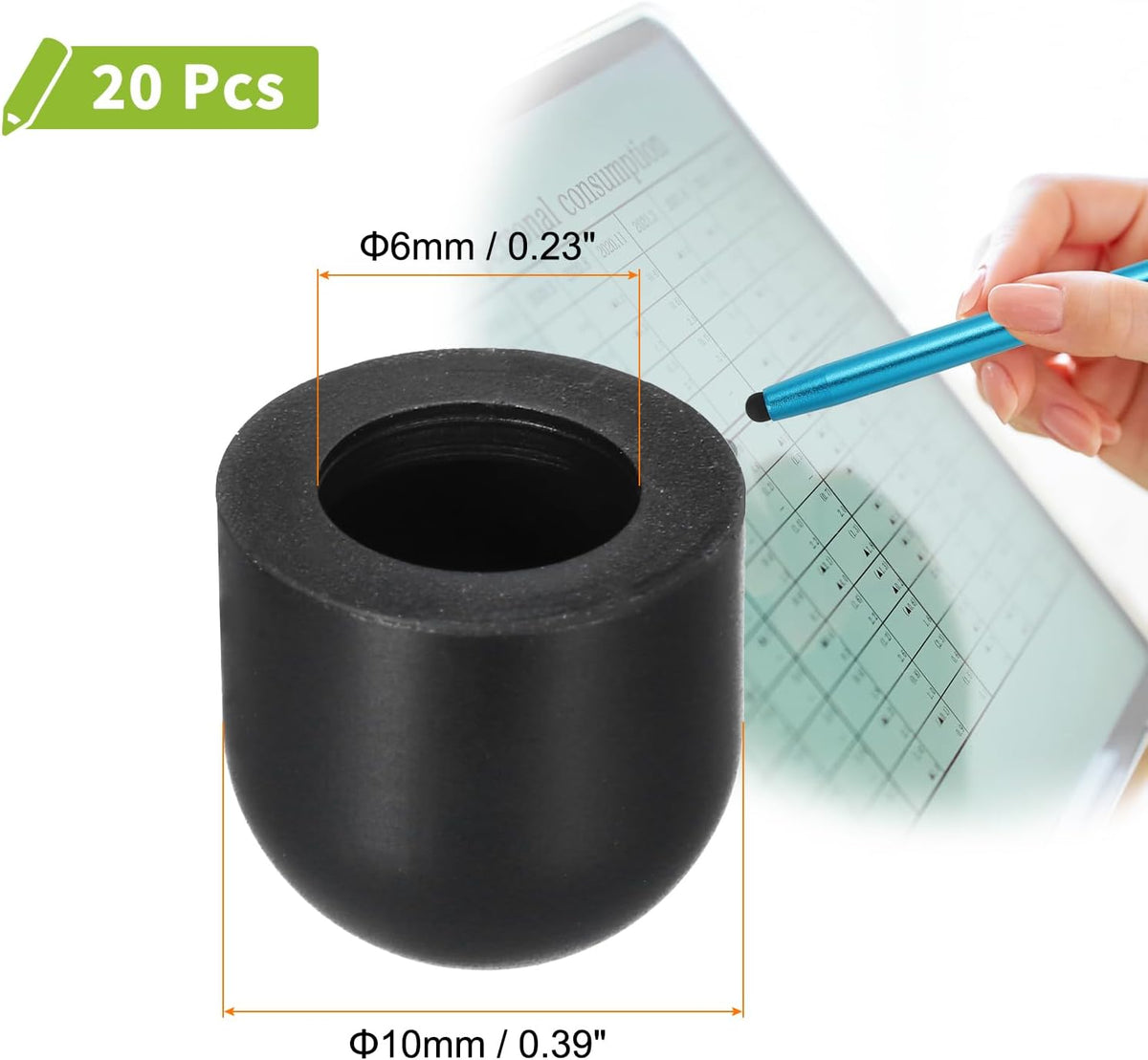 MECCANIXITY 20Pcs Replacement Stylus Pen Tips 10mm Conductive Capacitive Touch Screen Pens Tips Silicone Rubber, Black
