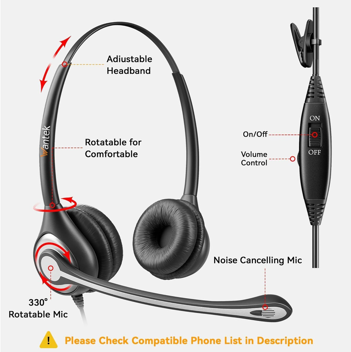 Headset Headset 2.5mm Wantek Phone with Microphone Noise Cancelling,Telephone Jack Compatible with Panasonic AT&T
