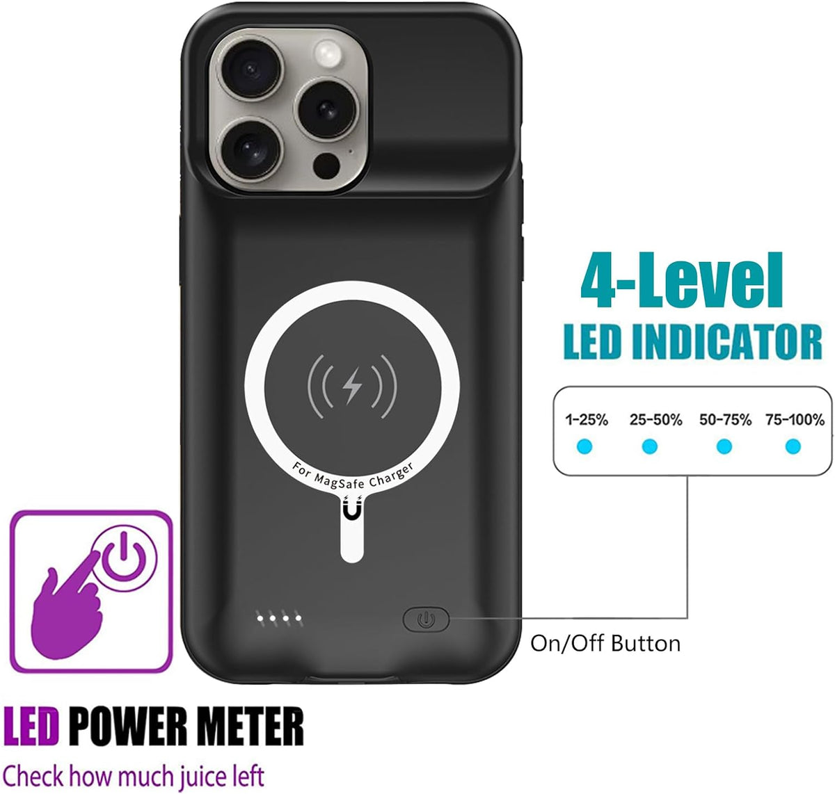 Battery Case for iPhone 15 Pro, 10000mAh Rechargeable Portable Charging Case with Wireless Charging, Compatible for iPhone 15 Pro (6.1 inch) with CarPlay, Extend Battery Pack Charger (Black)