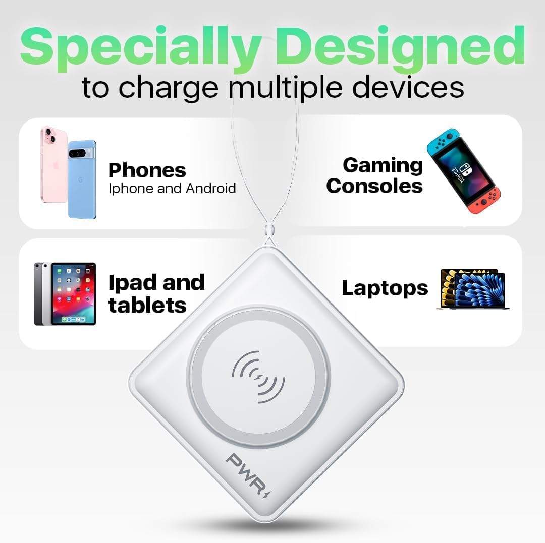 PWR Travel PRO 5-in-1 Power Bank – 10,000mAh with Built-in Cables – 20W USB-C + 15W Wireless Charging – Compact Portable Charger for iPhone & Android - White