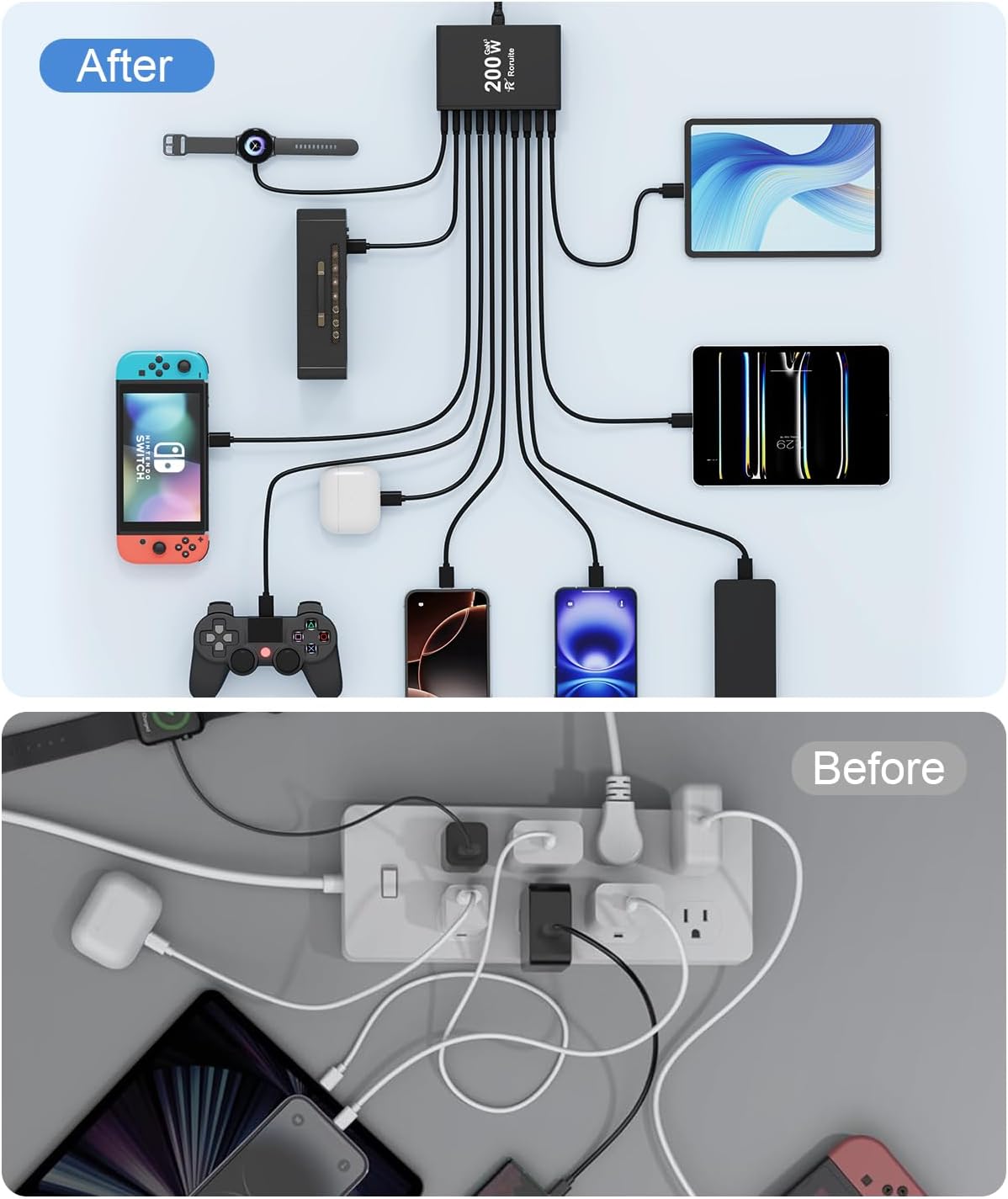 USB C Fast Charger Station with 4 USB Cables, 200W GaN 10 Port Type C Charging Station Hub Block Cube, Wall Charger Power Strip Adapter Plug for iPad iPhone 16 15 14 13 12 Pro Max Pixel Note Galaxy