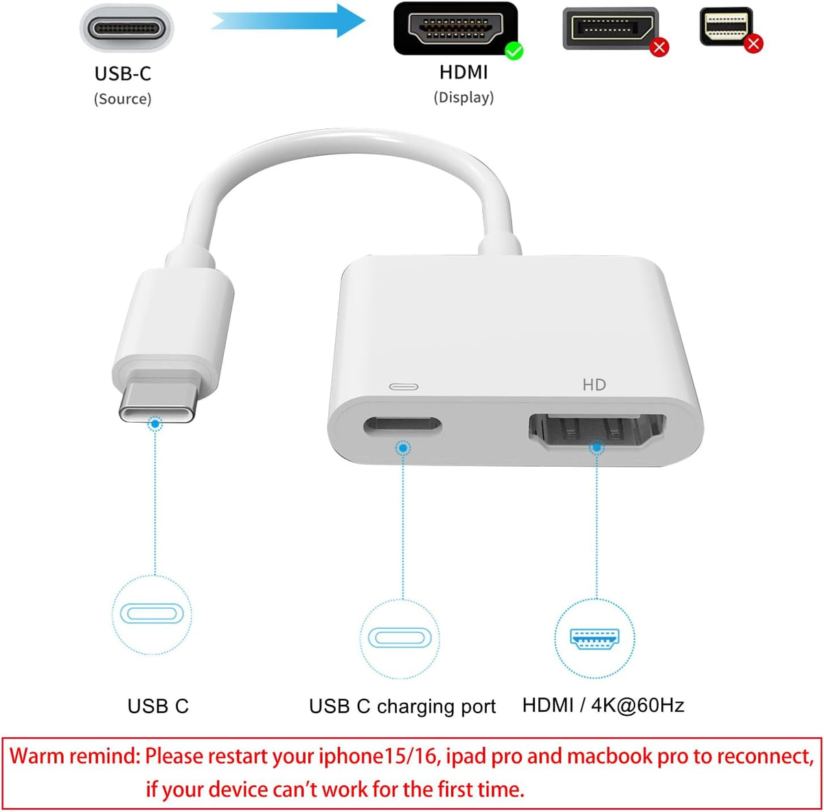 AIRSKY USB C to HDMI Adapter for iPhone 15/16, USBC to HDMI Adapter for iPhone to tv, 100W Fast Charging & 4K@60Hz, Compatible with iPhone 15, iPhone 16, MacBook Pro, iPad Pro