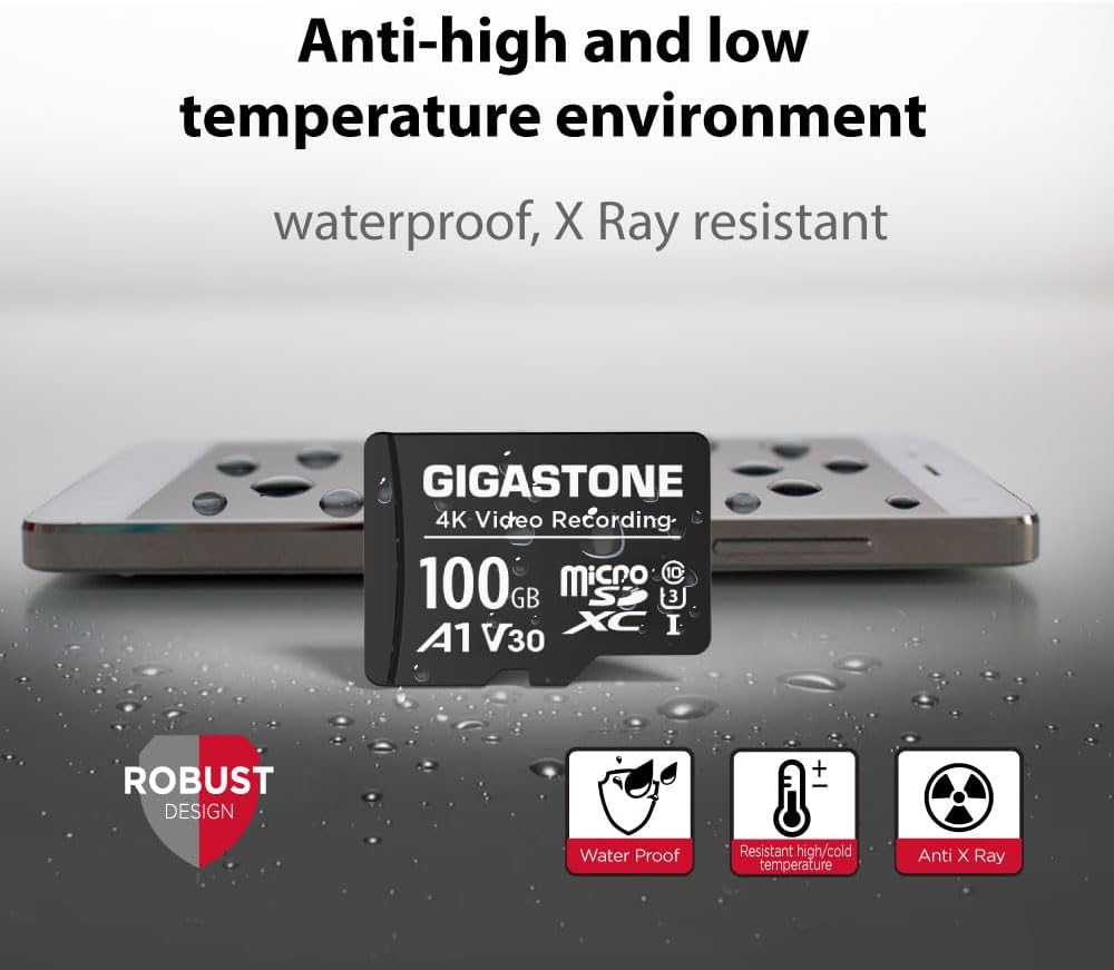 Gigastone 100GB A1 V30 4K 100MB/s Micro SD Card, Video Recording, Compatible with Security Camera, Dash Cam, Drone